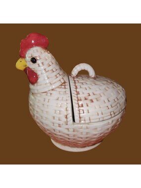Vintage Ceramic Chicken Basket Weave Sugar Bowl/Egg Canister with Lid 7" Tall